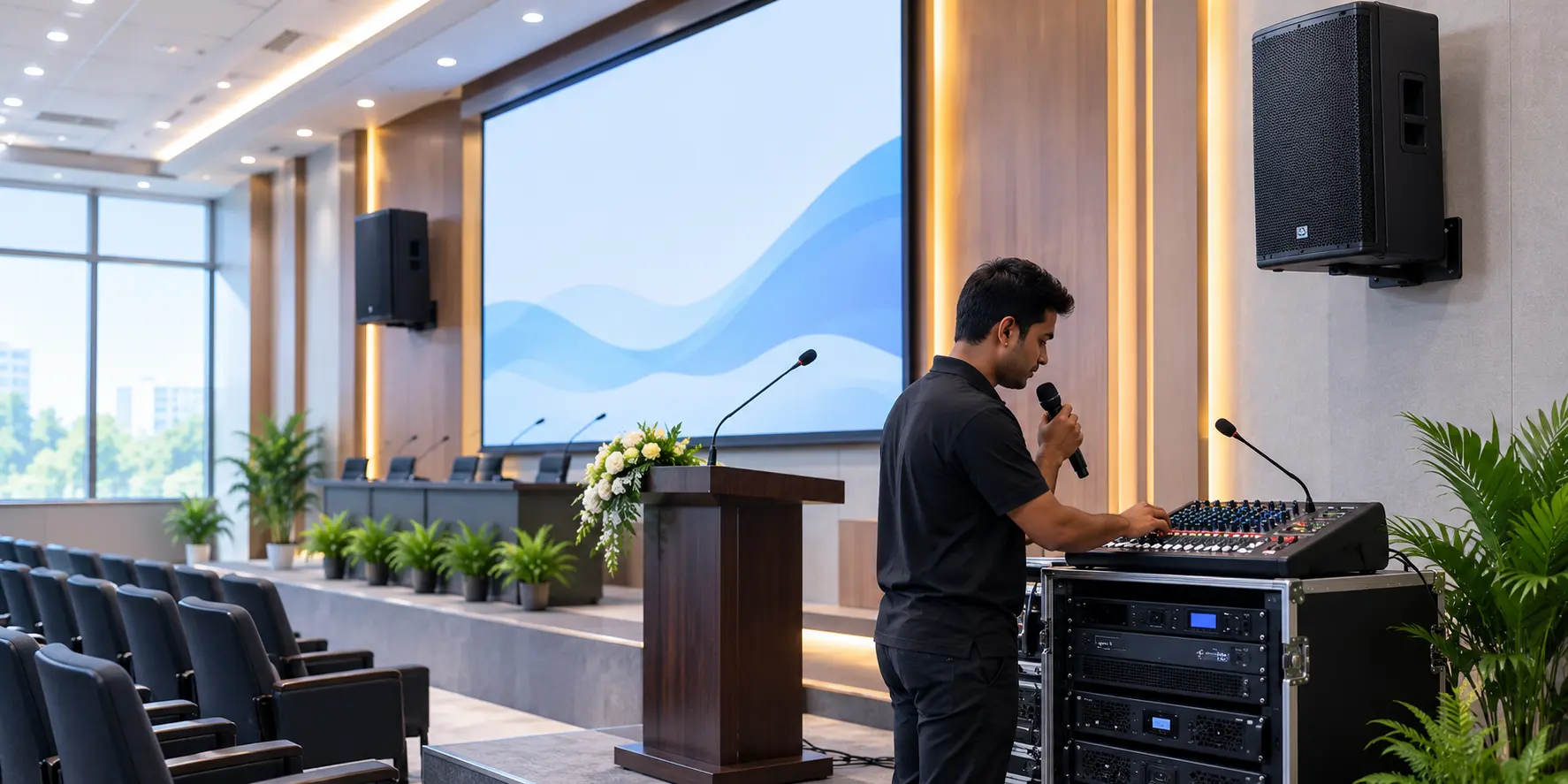 Audio technician operating a PA sound system in a conference hall